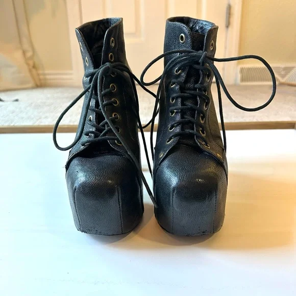 Jeffrey Campbell Black Leather Lace-Up Platform Ankle Boots with Wood Block Heel - Picture 8 of 12